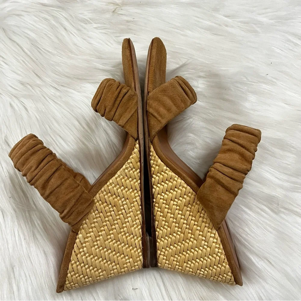 STAUD Tan Suede Frankie Ruched Leather Caramel Wedges Strappy Sandals sz. 9